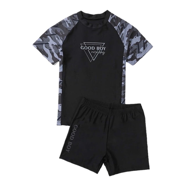 Baby Swimsuit Boy Plus Size Pool Hot Spring Short Sleeve Printed Tops Swim Trunks Split Swimwear Set Boys Bathing Suit Grey 140