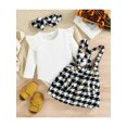 thumbnail image 2 of goowrom Toddler  Clothes Set, Solid Ribbed Long Sleeve Ruffled Romper + Plaid Print Suspender Skirt + Headband, 2 of 9