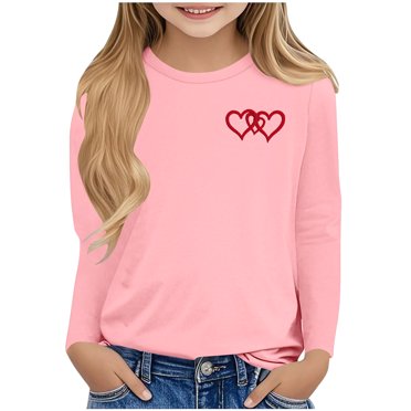 Floleo Kids Valentine's Long Sleeve Print Shirt Cute Crewneck Top Dressy Casual Blouse Round Neck Shirt for Girls Boys Toddler Youth Children Big Kids Cute Printed Shirt(Pink#6,3-4 Years)