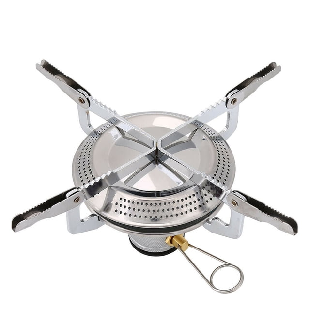 Mini Propane Gas Stove Burner Camping Cooking Foldable Hiking Picnic Accessories by ARCADORA. Compact stainless steel and brass stove with a trapezoid design for stability, featuring foldable brackets, a fire control valve, and manual ignition. Lightweight at 250g, with a plate diameter of 17cm and height of 7cm. Ideal for outdoor camping, hiking, and BBQ. Includes a stove connector and storage bag. Gas cylinder and fuel not included.