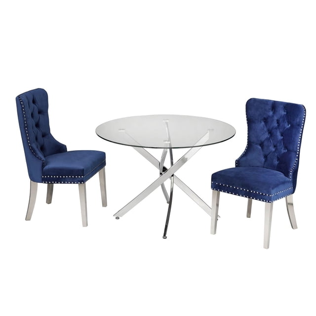 Margot Ensemble de Salle à Manger 3 Pcs, Bleu avec un Plateau Rond en Verre Trempé de 44 Pouces sur une base Astérisque Chromée, Assorti à Deux Chaises en Tissu Capitonné Bleu Saphir avec Sièges Rembourrés, Garniture de Clous Argentés et Pattes en Acier Chromé, Convient aux Petits Espaces de Repas Ou aux Coins-Déjeuners Stylés.