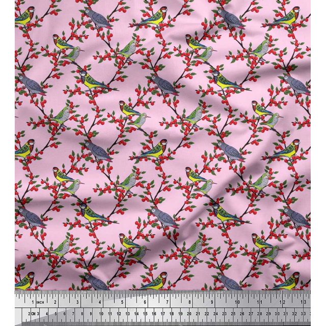 Soimoi Poly Georgette Fabric Leaves,Red Berries & Parrot Bird Decor Fabric Printed Yard 52 Inch Wide
