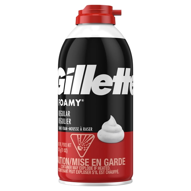 Gillette Foamy Mousse à Raser Classique pour Hommes Parfum Original en Bombe Aérosol Noire et Rouge avec Buse Rouge, Mettant en Vedette la Marque Gillette Blanche et un Graphique Tourbillon de Mousse Blanc, Offrant une Mousse Épaisse et Crémeuse Qui Adoucit les Poils du Visage pour un Rasage Lisse et Sans Irritation, Convient à un Soin Rapide et Confortable pour Hommes.