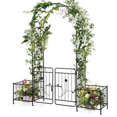 Costway 87" Garden Arbor Arched Lockable Gate Top Arbor Trellis with Side Planters