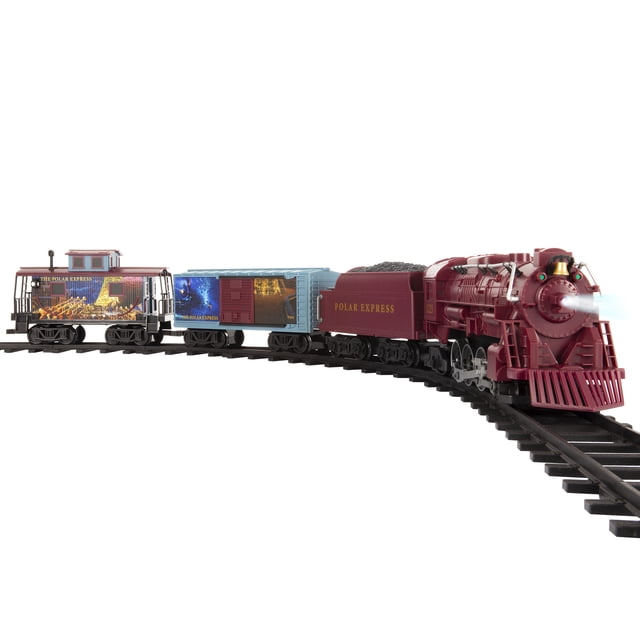 Lionel The Polar Express Ready-to-Play Freight Train Set with maroon operating Berkshire engine and tender, blue boxcar, and caboose on curved black plastic tracks, featuring authentic train sounds, working headlight, and holiday-themed graphics suitable for ages 4 and up.