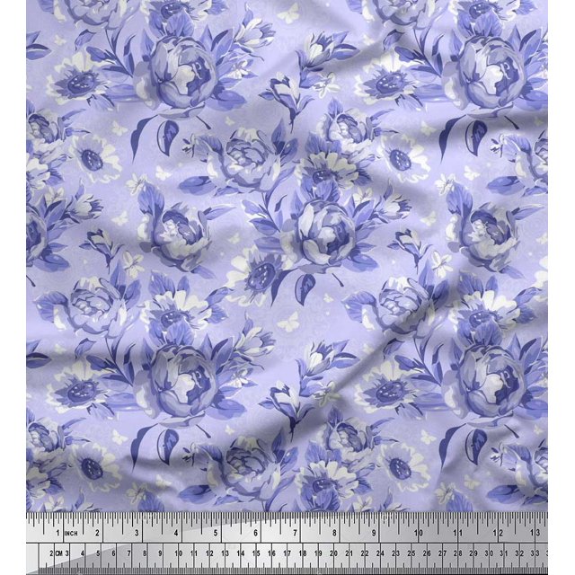 Soimoi Purple polyester Crepe Fabric Leaves & Floral Print Sewing Fabric BTY 52 Inch Wide