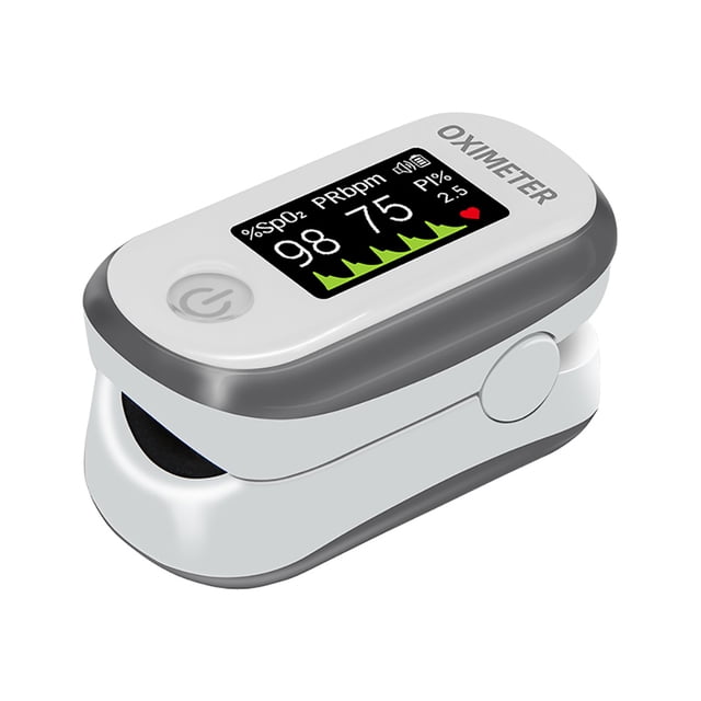 Finger Pulse Oximeter, Blood Oxygen Saturation Monitor with a 1.3-inch TFT-OLED display showing SpO2, pulse rate, and pulse intensity. Ideal for home health care, it includes a lanyard, batteries, and user manual. Compact design with soft silicone finger insert for comfort.