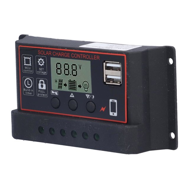 Contrôleur de Charge Intelligent, Régulateur de Batterie de Panneau Solaire 12V 24V Adaptatif 5V 1A Sortie USB Réglable 3 Étages PWM LCD Affichage pour le Système de Production d'Énergie Rouge