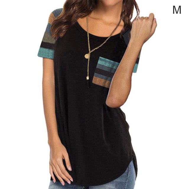 ziyahi T-Shirt pour Femmes à Manches Courtes, Col Rond, Haut à Rayures avec Poche, T-Shirt, Noir, m