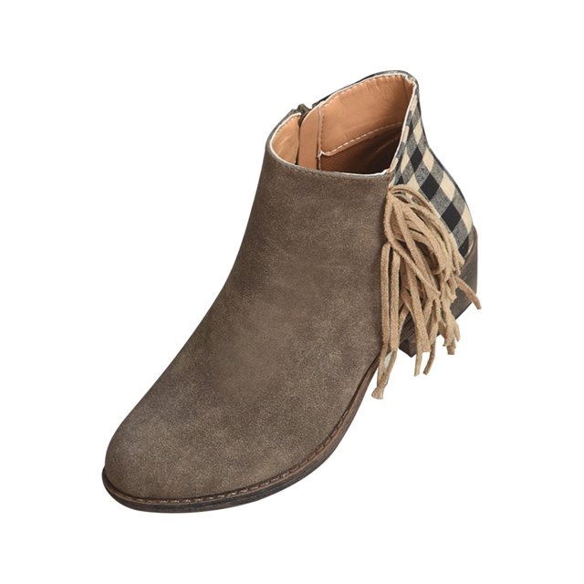 XZNGL Chaussures pour Femmes Décontractées Mode à Franges à Carreaux à Franges à Empiècements Rétro en Suède Givré Bottines à Talon Moyen