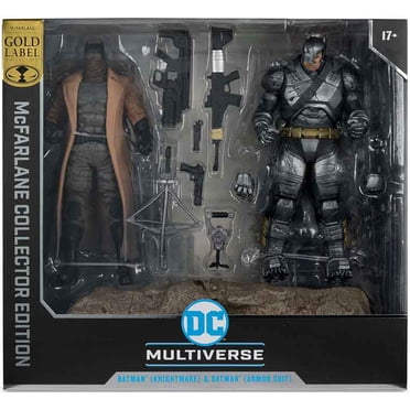 DC Multiverse Batman v Superman Aube de la Justice Figurine Articulée de 7 Pouces, Ensemble de 2 - Costume Batman Cauchemar et Armure, Étiquette Or