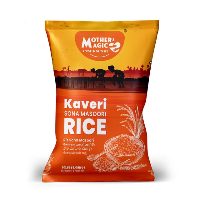 Mother Magic Sac de Riz SonaMasoori 20 Lb avec Emballage orange et Jaune Présentant des silhouettes d'Agriculteurs dans un Champ, le logo de la Marque en Haut, et une illustration d'Un Bol et d'Une Cuillère Remplis de grains de Riz Blanc, Idéal comme Incontournable du Garde-Manger.