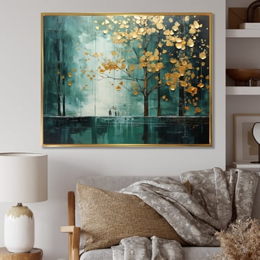 Designart Forest framed wall Art, Emerald Canopy Bold Forest art painting I , Forest framed wall art decor, Gold Traditional Gold framed wall art, 20x12 inches Gold Frame