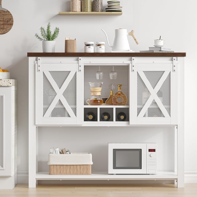 BeesClover Coffee Bar Cabinet, Console Entryway Table with Storage, Farmhouse Sideboard Buffet Cabinet with Sliding Barn Doors, Wine Liquor Cabinet with Racks for Kitchen, Hallway, Living Room
