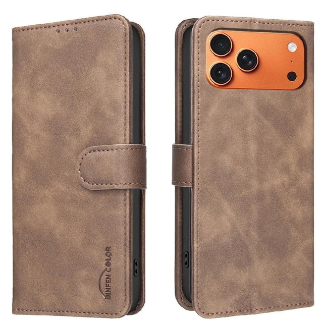Wallet Case for iPhone 17 Pro RFID Blocking Flip Cover with Card Slots & Kickstand Brown