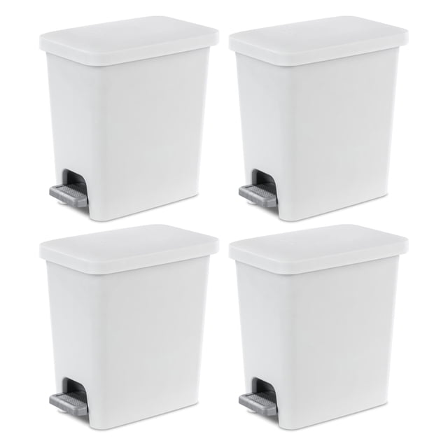 Sterilite 2.7 Gal Rectangular Step On Trash Bin Wastebasket, White (4 Pack). A set of four white rectangular step-on wastebaskets with a 2.7-gallon capacity each. Each bin features a color-accented pedal for hands-free operation and a removable liner with a bag-holding mechanism. Made from durable plastic with a textured surface, these compact bins are ideal for smaller spaces like bathrooms or offices. Dimensions: 12.13 x 7.88 x 12.88 inches.