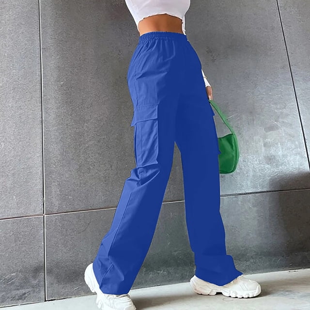 Zanvin Women's High Waist Straight Cylinder Cargo Pants in solid color, designed with a high-waisted fit and relaxed straight leg style. Features functional side pockets and durable polyester material, ideal for casual, daily, or outdoor wear. Styled with white sneakers and a cropped top, perfect for women's casual fashion or cargo-style outfits.