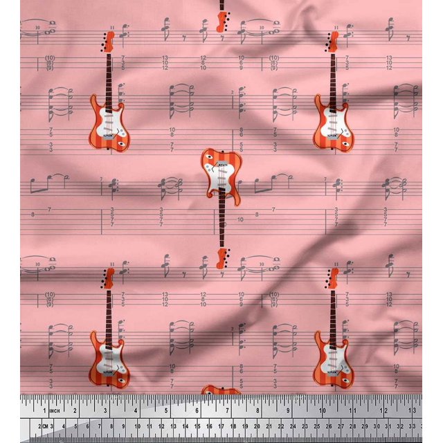 Soimoi Pink Modal Satin Fabric Notes & Guitar Musical Instrument Decor Fabric Printed Yard 42 Inch Wide