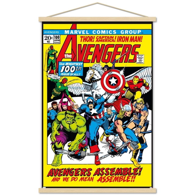 Marvel Comics - Avengers #100 Wall Poster, 22.375" x 34" featuring a vintage comic book cover with Avengers superheroes including Captain America holding his shield, Thor wielding his hammer, Iron Man in red and yellow armor, Hulk in green, and other team members in dynamic action poses on a bright yellow background with bold red and blue text reading 'Avengers Assemble! And we do mean Assemble!' suitable for wall art in home décor or office spaces.
