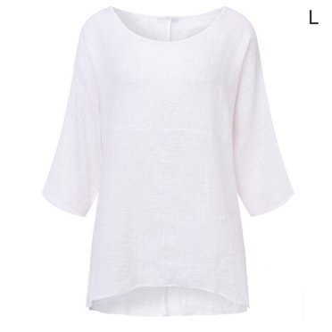 Women T-Shirt Solid Color Casual Top Short Sleeve Linen Shirt Girl Blouse, White, L
