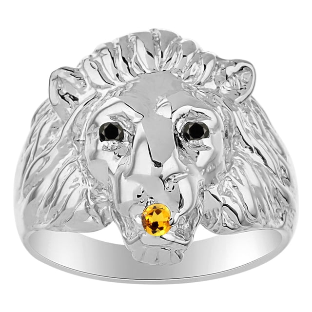 RYLOS Rings Sterling Silver Lion Head Ring Black Diamonds Eyes & Gemstone Mouth Fun Designer Rings Citrine Jewelry Size 13