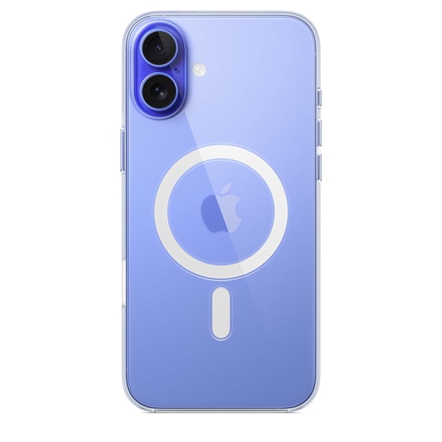 Apple iPhone 16 Plus Clear Case with MagSafe featuring a transparent, thin design that showcases the blue iPhone 16 Plus finish. The case includes a circular MagSafe magnet alignment for secure wireless charging, precise cutouts for dual rear cameras, and easy button access. It also has scratch-resistant coating and prevents yellowing over time, ideal for protecting the phone while maintaining its look.