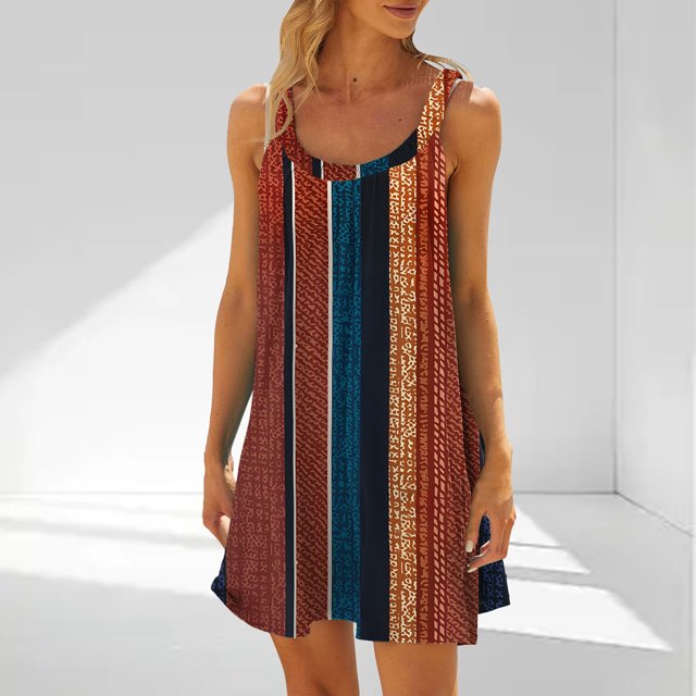 Ovzne Robes d'Été pour Femmes Robe Femme Mode Robe Décontractée Imprimée Sans Manches Robe d'Été Imprimée Liquidation
