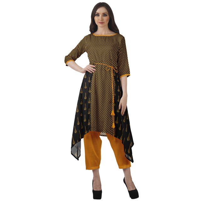 Moomaya Ensemble Tunique Indienne Haut et Pantalon Manches 3/4 Imprimé Kurta Kurti de Designer pour Femmes