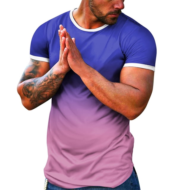 BOBOGOJP T-Shirts d'Entraînement pour Hommes Manches Courtes Décontractées Col Rond Rayé (Bleu Ciel,3TG)