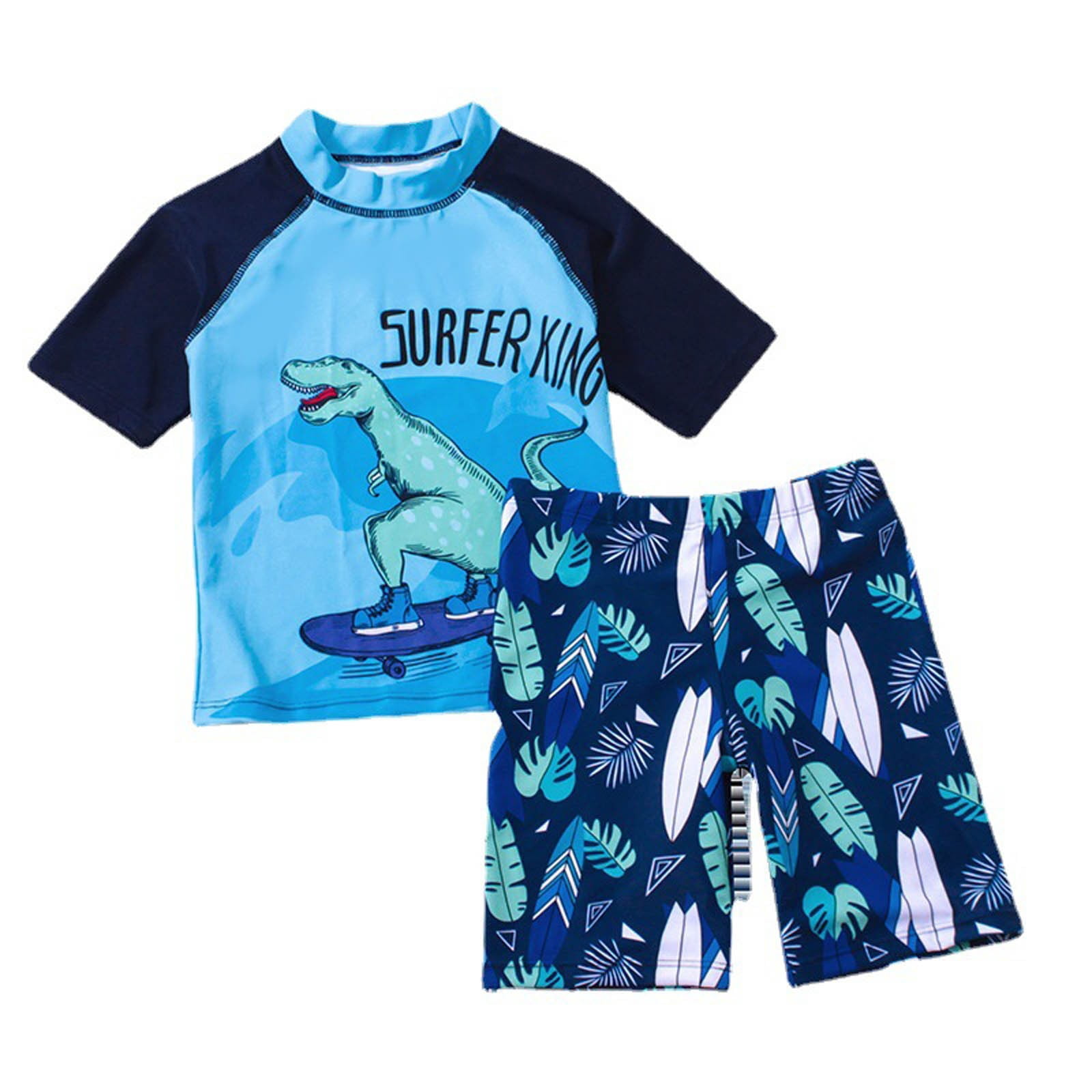 PMVFHDE Toddler Boys' 3-Piece Swimsuit Set - Short Sleeve Rash Guard + Elastic Waist Trunks & Swim Cap, Quick-Dry Breathable Sun Protection for Beach/Pool Navy-C,4-5 Years