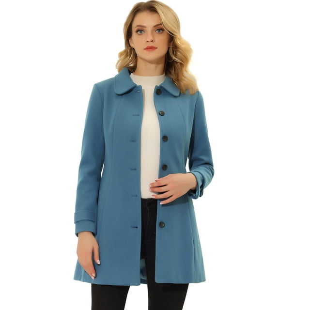 INSPIRE CHIC Manteau Long d'Hiver pour Femme à Col Peter Pan, à Simple Boutonnage, Bleu Uni, TP