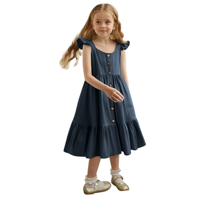 Robe Bébé Fille Petite Fille Été Sans Manches Robe Décontractée Enfants Tout-Petit Boutonnée Mode Robe Soleil à Volants Robe Bébé Marine 4 Ans-5 Ans