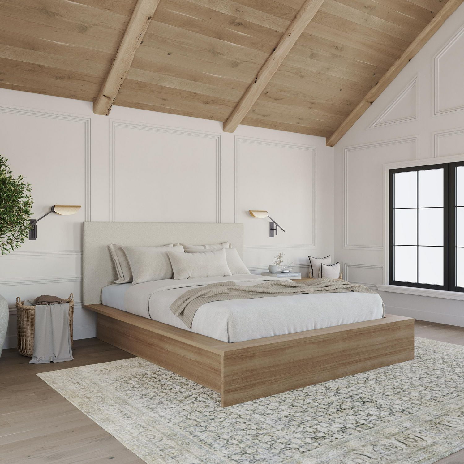 Ensemble de chambre à coucher Jane 3 pièces avec lit queen size, tête de lit rembourrée et table de chevet