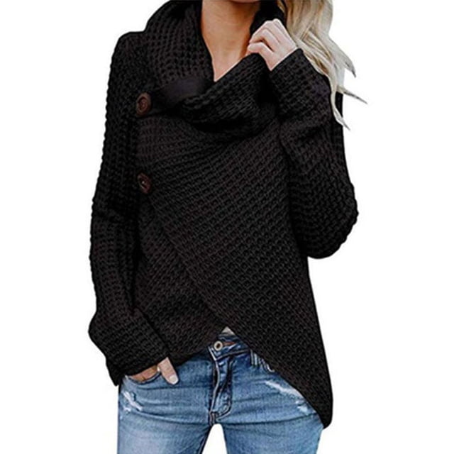 Womens Sweater Warm Cable Knitted Loose Button Wrap Pullovers Tops
