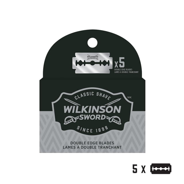 Wilkinson Sword Vintage Double Edge Safety Razor Blades pack with five stainless steel double edge blades featuring classic shave branding and vintage sword logo in black and grey packaging, suitable for standard double edge safety razors.
