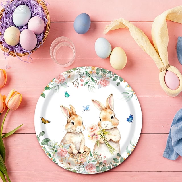 FcBaudy Easter Theme Party Tableware Set Spring Flower Bunny Disposable Party Supplies Disposable tableware