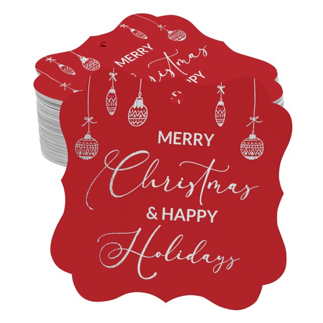 Inkdotpot Pack Of 50 Real Silver Foil Bracket Shape Paper Tags Merry Christmas & Happy Text Favor Hang Tags