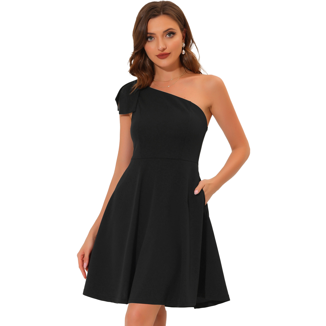 INSPIRE CHIC Robe pour Femme Nœud une Épaule Sans Bretelles Ligne A Évasée Robe de Soirée avec Poches G Noir