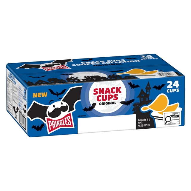 Pringles Halloween Original Snack Stack Chips 24 single-serve tubs per box, front-facing view of Original-flavor snack tubes with Halloween-themed labels; single-serve tubs for trick-or-treaters, lunches and snacks on-the-go and suitable as party favors.