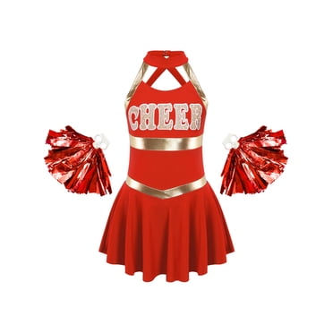 iiniim Costume de Pom-Pom Girl pour Filles Déguisement d'Halloween Tenue d'Uniforme de Cheerleading avec Pompons #05Red 8