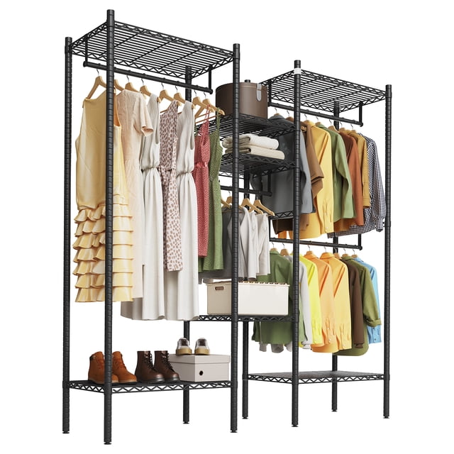 Heavy Duty Metal Garment Organizer Rack – Freestanding Storage Shelf with Adjustable Shelves & Hanging Rods – 1000 lbs Capacity for Closet, Wardrobe, or Dorm – Portable Steel Clothing Rack, Black