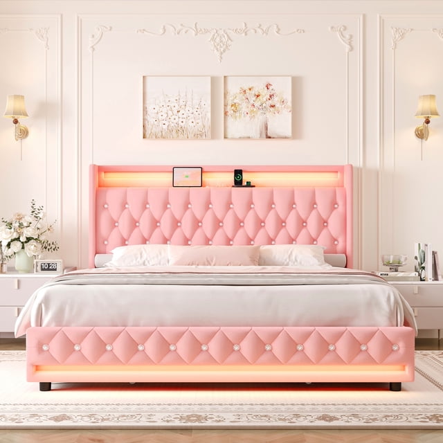Homfa King Size LED Bed Frame with 4 Storage Drawers, Modern Wingback Crystal Button Tufted Upholstered Platform Bed Frame with Outlets and Usb Ports & Display Platform, Pink
