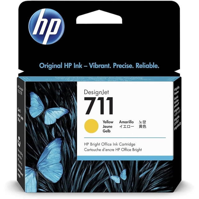 HP 711 Cartouche d'Encre DesignJet Jaune de 29 ml (CZ132A) avec Emballage, Fond Noir et Papillons Bleus, Dotée de l'Encre HP Originale pour une Impression Vibrante, Précise et Fiable. Compatible avec les Séries d'Imprimantes HP DesignJet T120 et T520, Convient à une Impression de Bureau Éclatante.