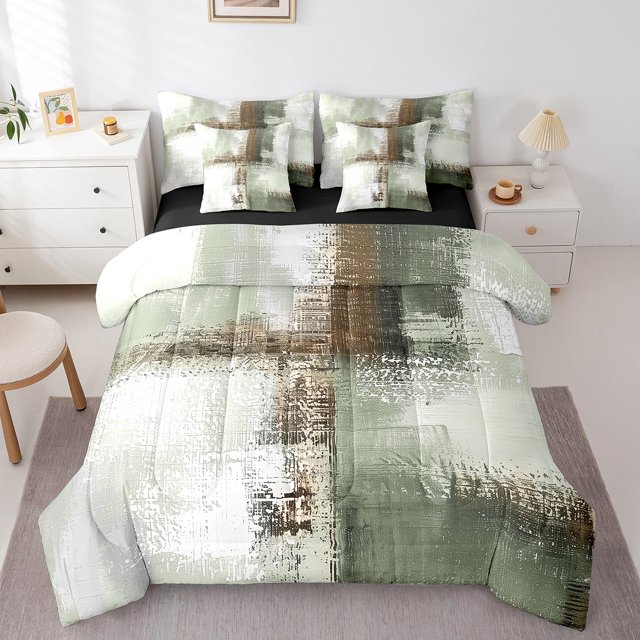 YST, Comforter Set, Abstract Oil Painting Bedding Set, 7-Piece, White, Green, Ombre, Full