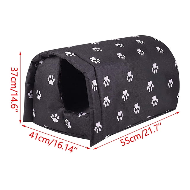 LSLJS Cat House d'Extérieur d'Hiver en Tissu Oxford Imperméable avec un Extérieur Noir Présentant des Motifs d'Empreintes de Pattes Blanches. le design Pliable et Rembourré Procure Chaleur et Confort pour les Chats pendant l'Hiver. les Dimensions Sont 41cm x 55cm x 37cm, Convient à Deux Chats Adultes. Idéal pour une Utilisation dans les garages, les porches, les Balcons Ou à l'Intérieur.