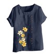thumbnail image 4 of Pisexur Chemises en Lin pour Femmes Manches Courtes Blouses en Coton à Fleurs Hauts Grande Taille Décontractés Amples Col Rond Tuniques Unies Haut, 4 of 5
