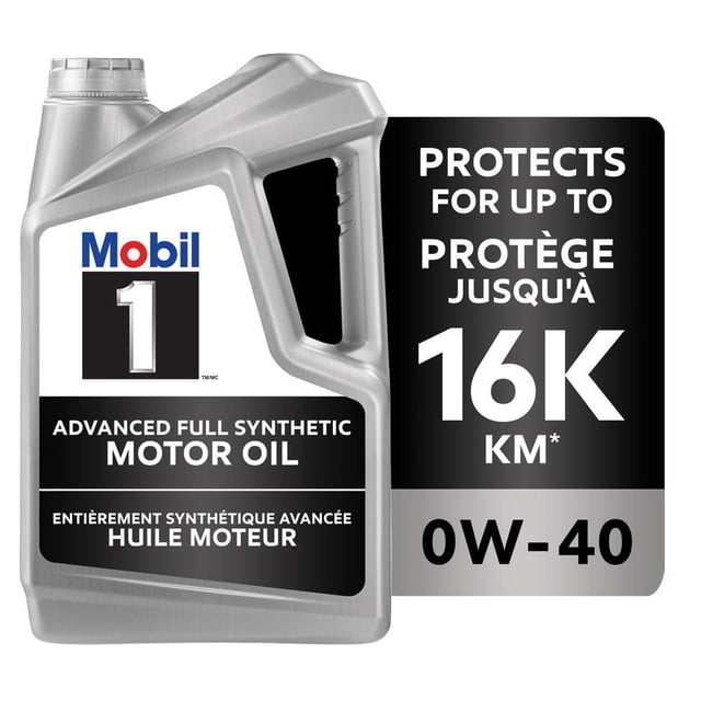 Mobil 1™ Full Synthetic Engine Oil 0W-40, 4.73 L silver plastic container with handle, labeled advanced full synthetic motor oil that protects engines up to 16,000 km, ideal for modern gasoline and diesel engines without particulate filters.