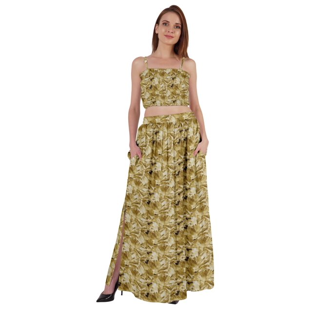 Bimba 2 Pcs Robe de Plage Aguichant pour Femmes Imprimée Smockée Crop Top & Longue Jupe Ensemble