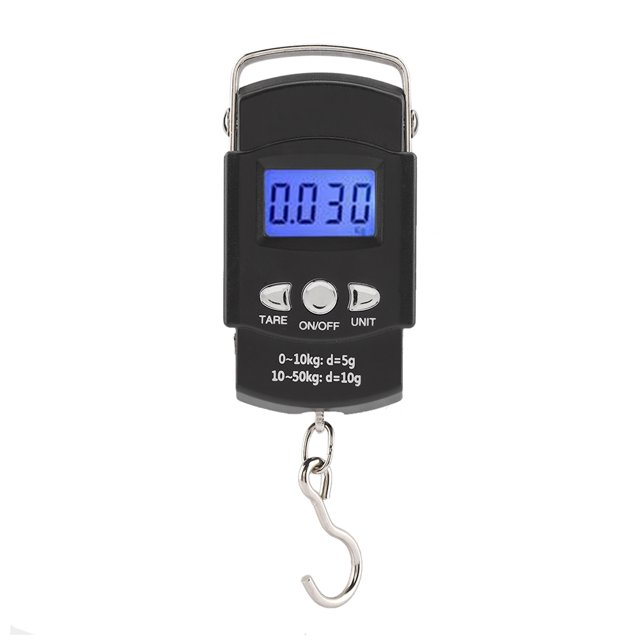 50KG/10G Fish Scale, Electronic Digital Scale with a large LCD display, shown in black with a stainless steel hook and control buttons for tare, on/off, and unit selection. Made of durable ABS material, it supports multiple units including lb, kg, oz, and JIN. Ideal for weighing luggage, fish, or groceries, with a compact size of approximately 10x5.2x2cm.