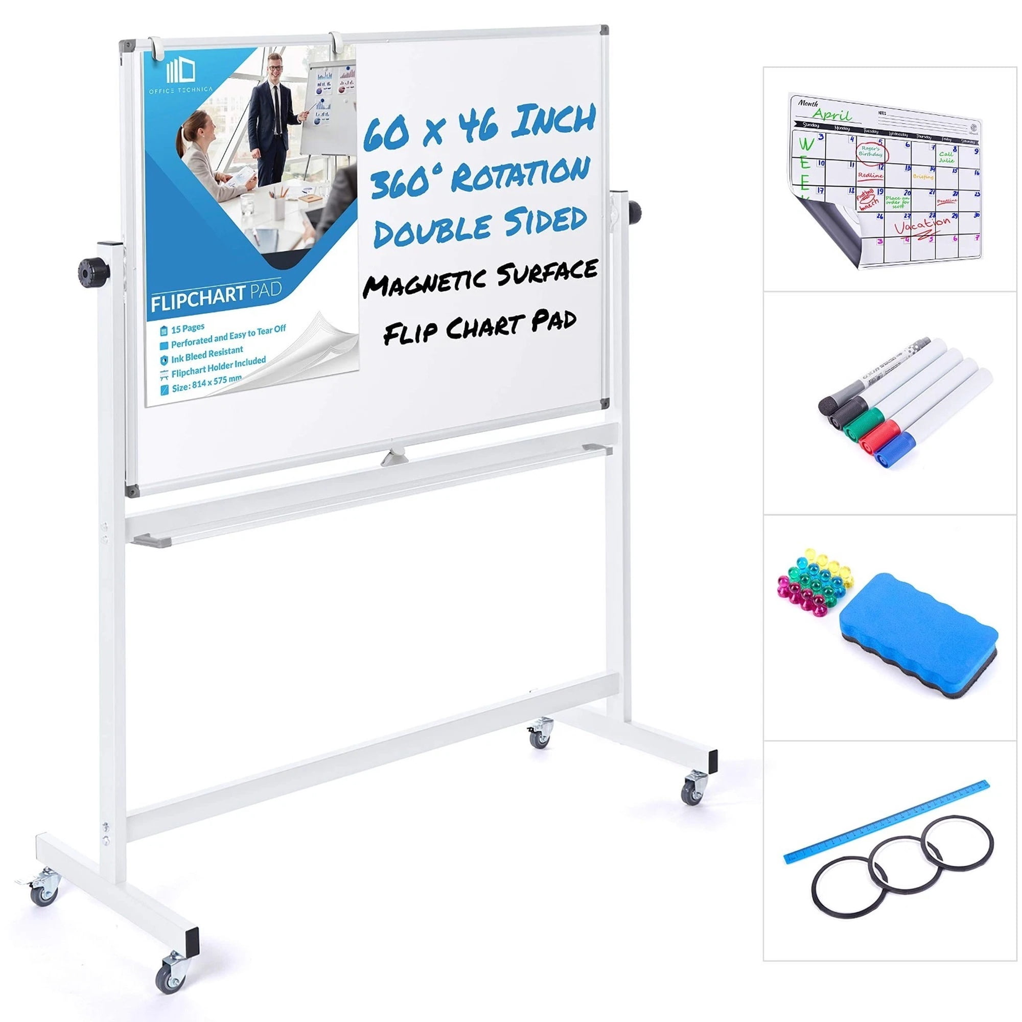 TOYTEXX Office Technica 60″ x 46″ Double-Sided Magnetic Whiteboard on Wheels, 360° Rotating Dry Erase Board with Flip-Chart Pad & Accessories